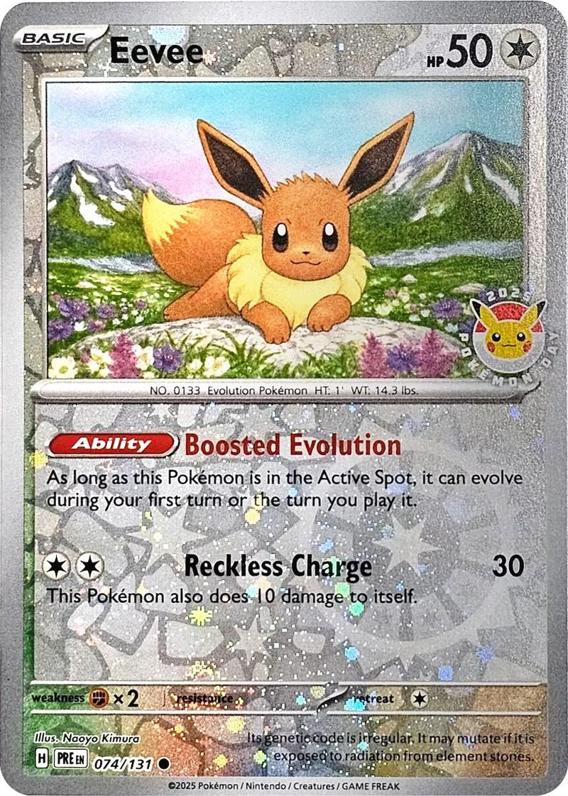 Eevee (074/131) (Pokemon Day 2025) (Reverse Cosmos Holo) [Scarlet & Violet: Prismatic Evolutions] - Waypoint Games CA