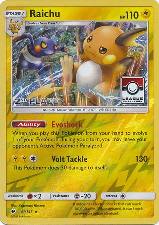 Raichu (41/147) (League Promo 2nd Place) [Sun & Moon: Burning Shadows] - Waypoint Games CA