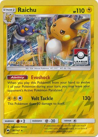 Raichu (41/147) (League Promo 1st Place) [Sun & Moon: Burning Shadows] - Waypoint Games CA