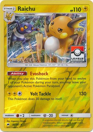 Raichu (41/147) (League Promo 4th Place) [Sun & Moon: Burning Shadows] - Waypoint Games CA