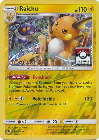 Raichu (41/147) (League Promo 3rd Place) [Sun & Moon: Burning Shadows] - Waypoint Games CA